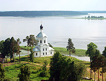 Picturesque church on the river bank in the Tver region