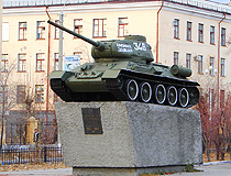Tank T-34-85 at the intersection of Babushkina and Gorky streets in Chita