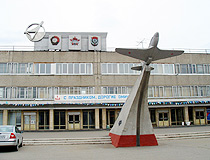 Yak-9 fighter aircraft in front of the aerospace engineering company Polyot in Omsk