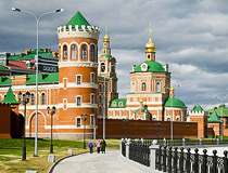 Beautiful buildings on the embankment and the Resurrection Cathedral in Yoshkar-Ola