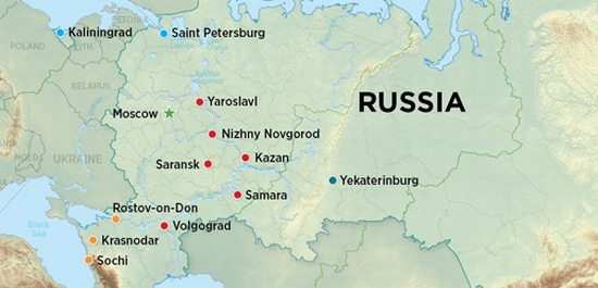Russia World Cup 2018 cities map location