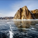 Crystal clear ice of the frozen Baikal Lake
