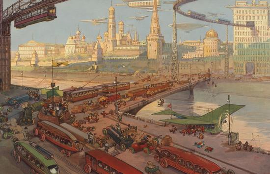 Retrofuturistic Postcards "Moscow 200 Years From Now" (1914) - Moskvoretsky Bridge