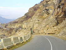 Landslide on the mountain road in Karachay-Cherkessia