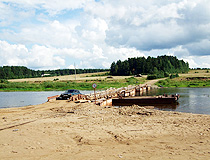 Floating bridge across the river in Kostroma oblast